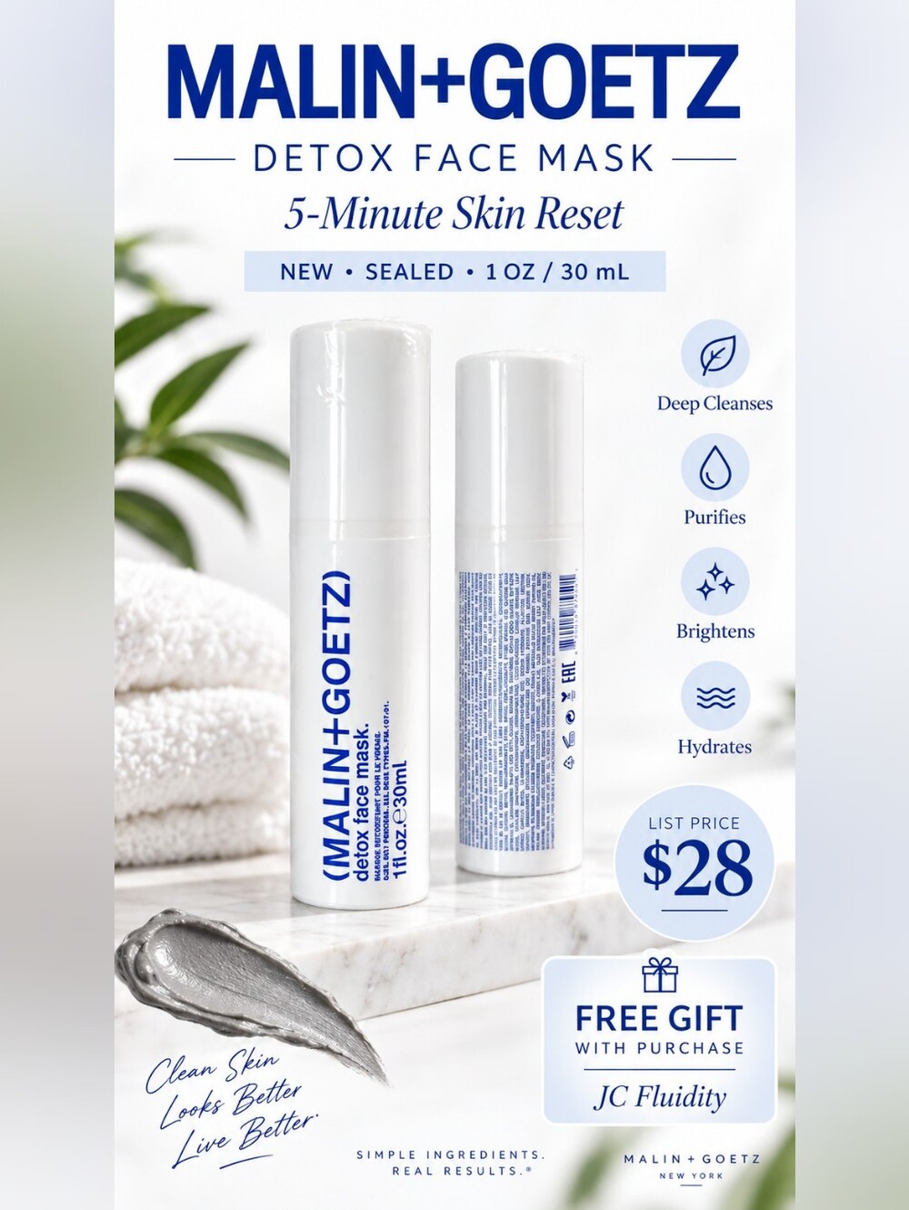 MALIN+GOETZ Detox Face Mask 1 oz 30mL NEW Sealed Skincare